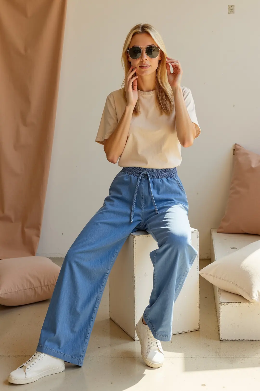 Kadın Beli Lastikli Normal Bel Wide Leg Jeans — görsel 6