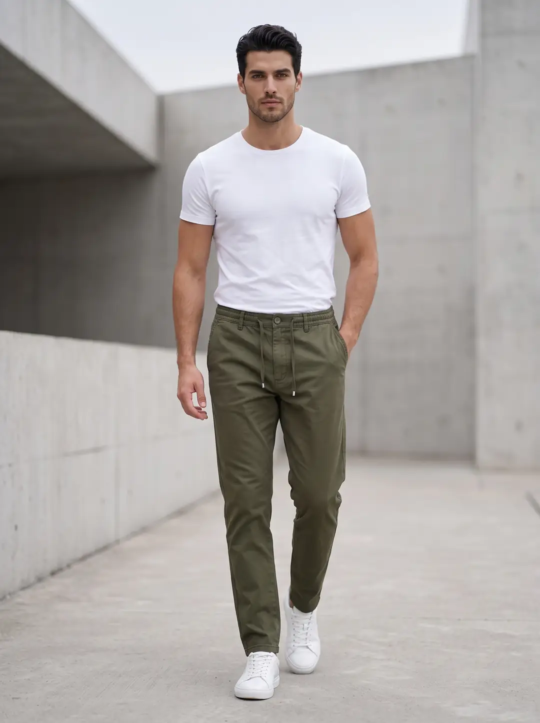 Erkek Beli Lastikli İpli Chino Jogger Pantolon - haki