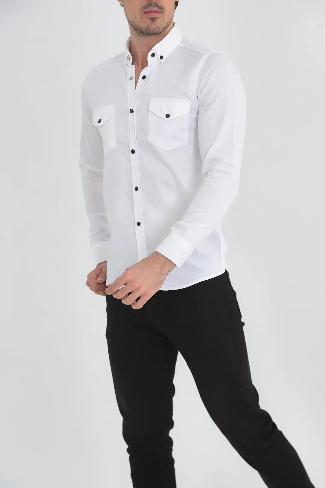 Erkek Slim Fit Beyaz Kot Gömlek — görsel 3