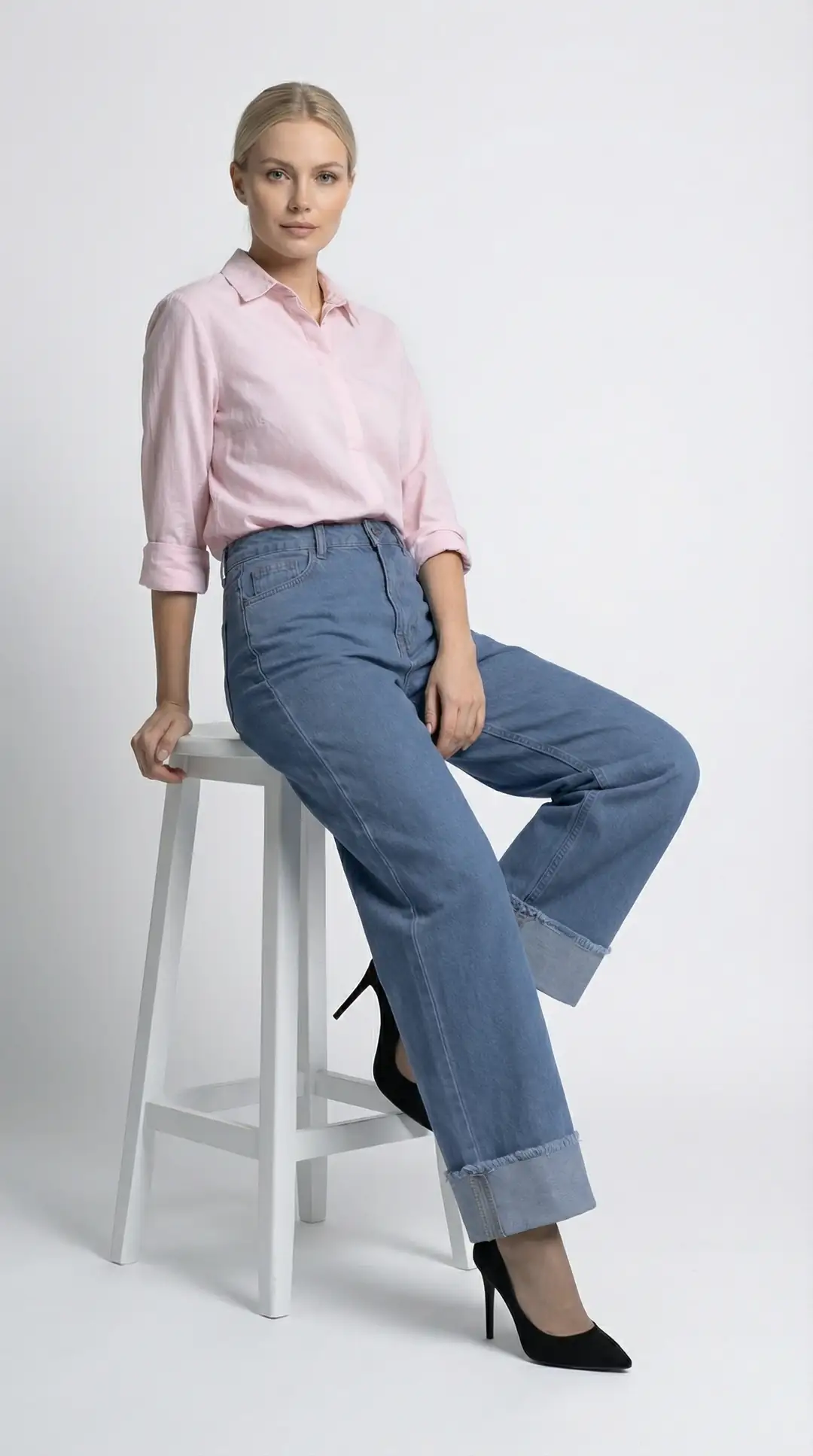 Kadın %100 Pamuk Makasla Ayarlanabilir Boy Wide Leg Baggy Jeans — görsel 1
