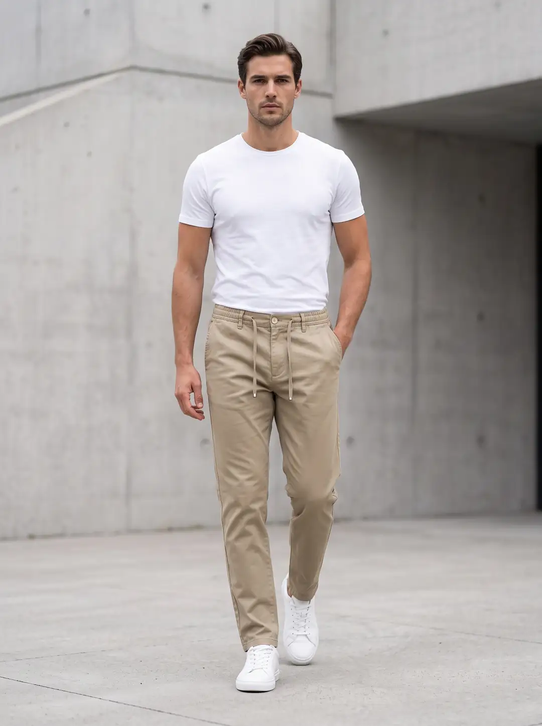 Erkek Beli Lastikli İpli Chino Jogger Pantolon - bej