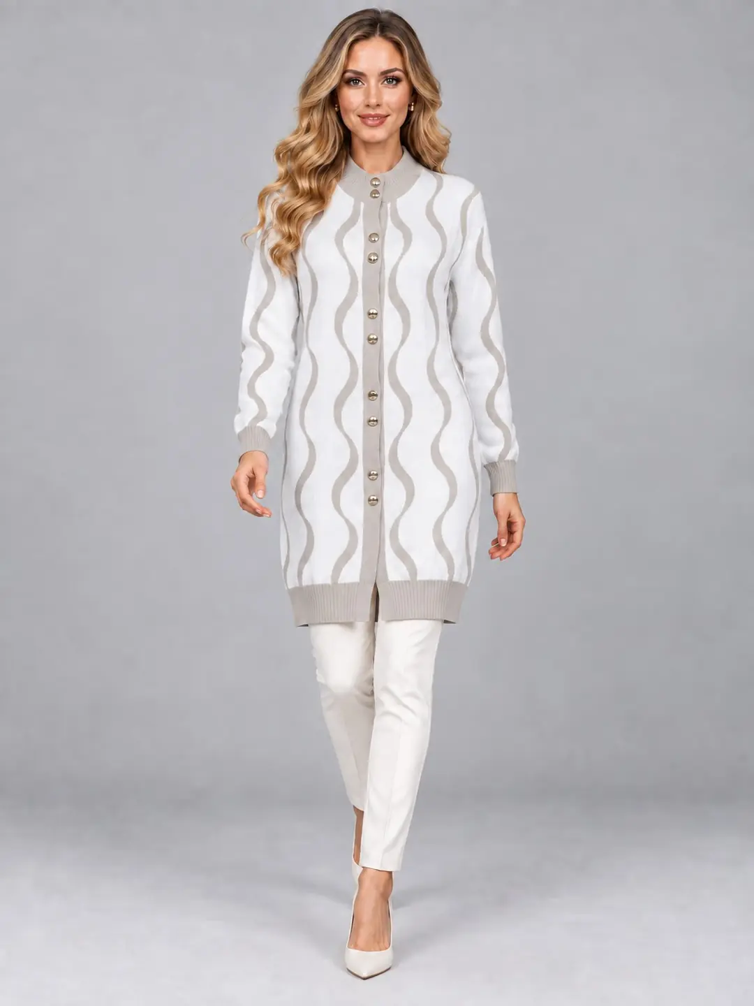 Kadın Dalga Desenli Dik Yaka Düğmeli Uzun Triko Hırka — görsel 2
