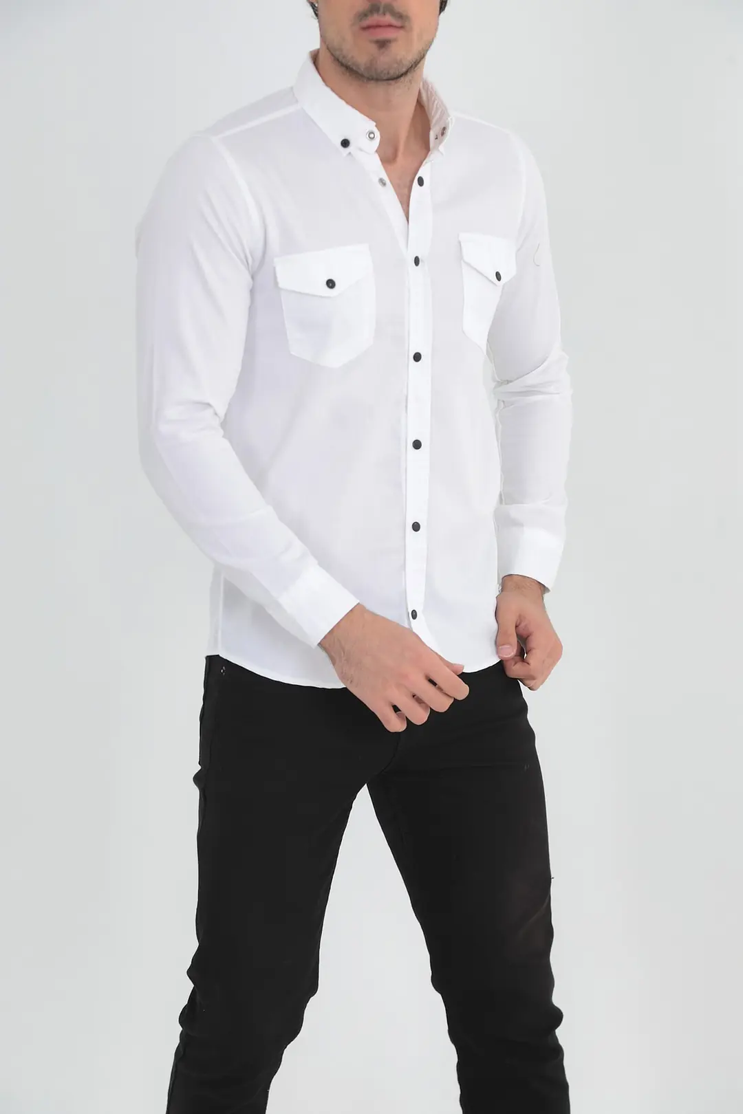 Erkek Slim Fit Beyaz Kot Gömlek — görsel 4