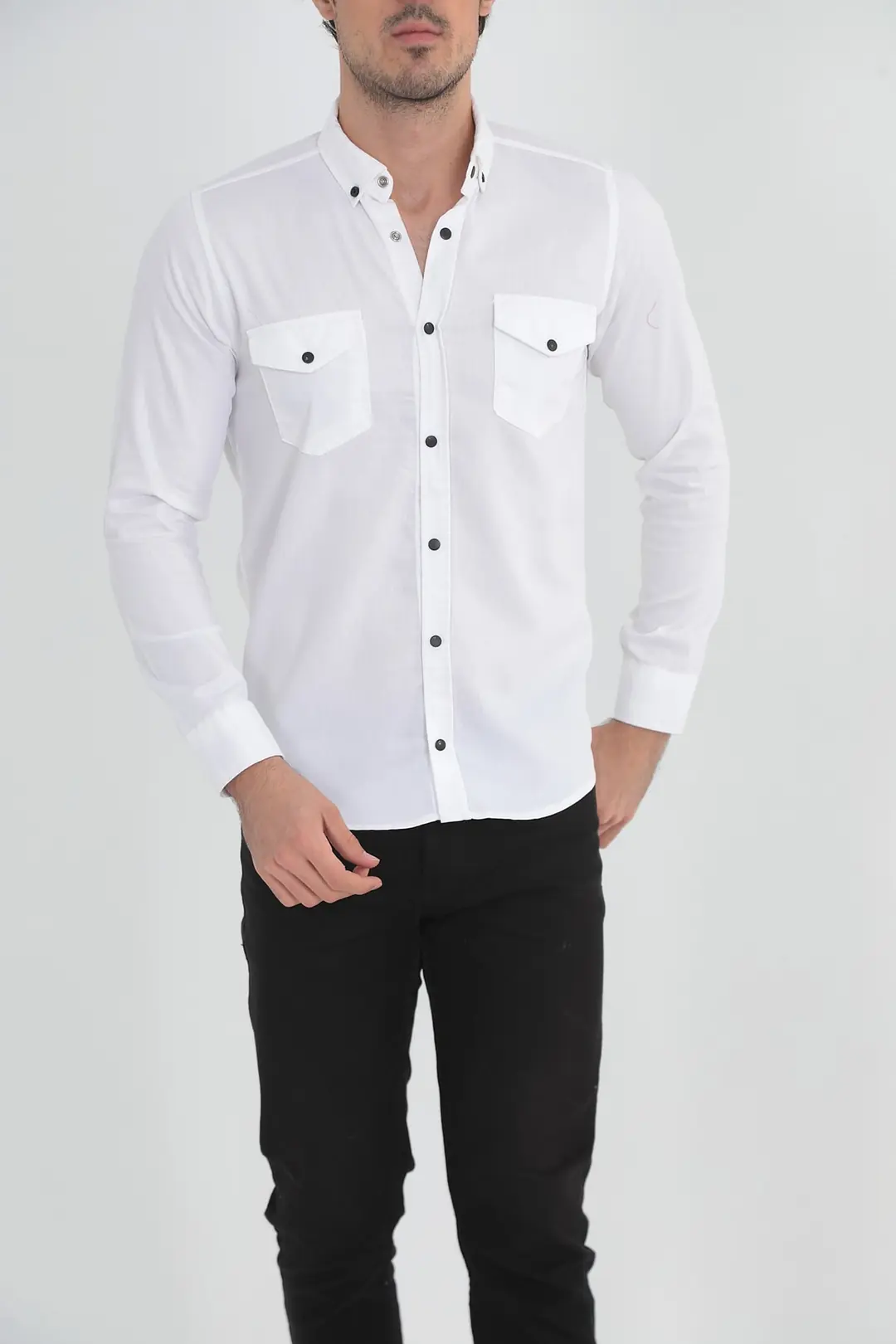 Erkek Slim Fit Beyaz Kot Gömlek — görsel 2