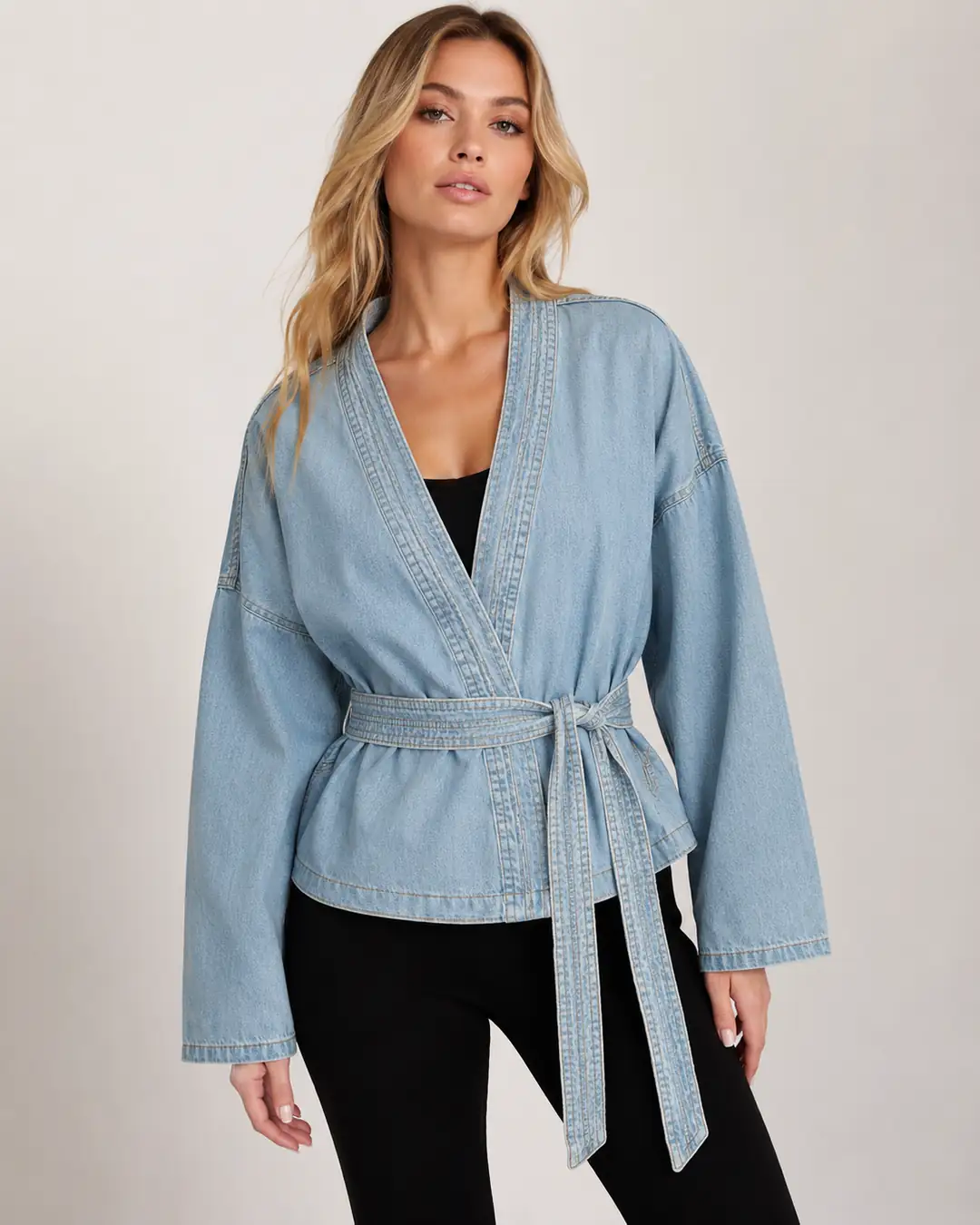 Kadın Kısa Denim Kimono Ceket - Bel Kuşaklı Kimono Yaka Kot Ceket %100 Pamuk — görsel 2