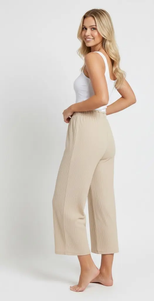 Fırfırlı Bel Gofre Geniş Paça Kadın Pantolon — görsel 2