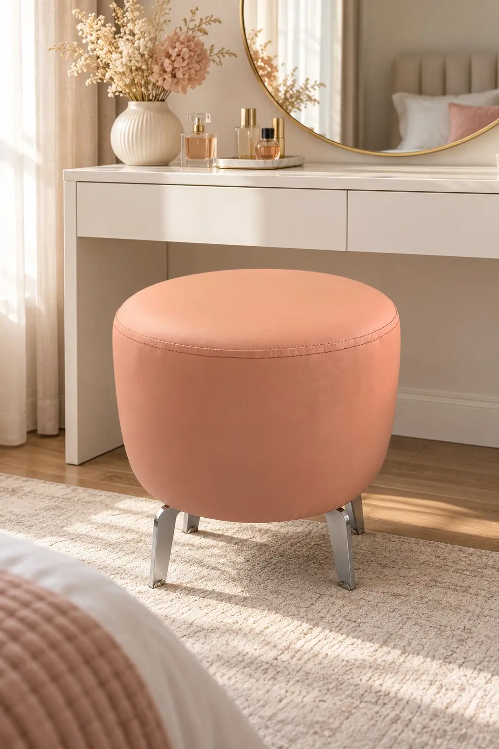 Pembe İnter Deri Yuvarlak Puf – Metal Ayaklı, 40 cm Makyaj ve Salon Pufu — görsel 6