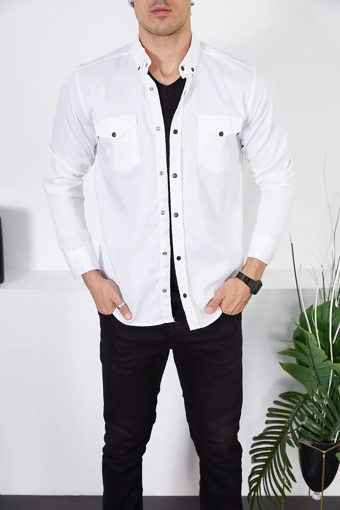 Erkek Slim Fit Beyaz Kot Gömlek — görsel 1