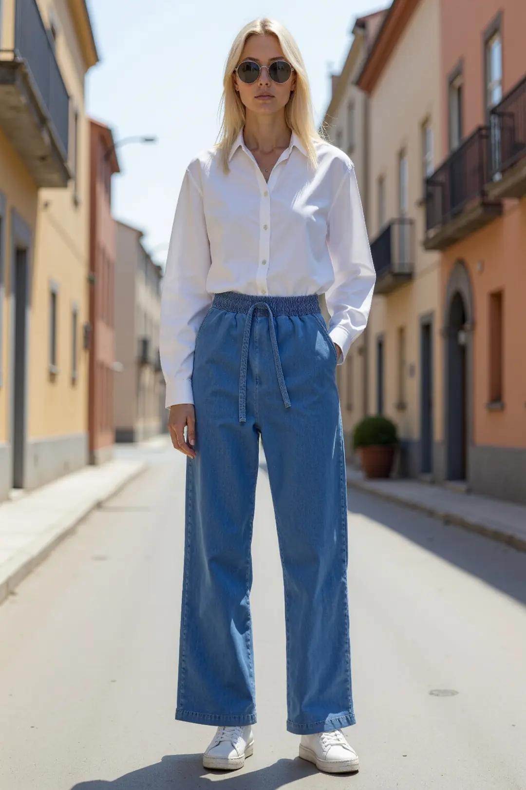 Kadın Beli Lastikli Normal Bel Wide Leg Jeans — görsel 3