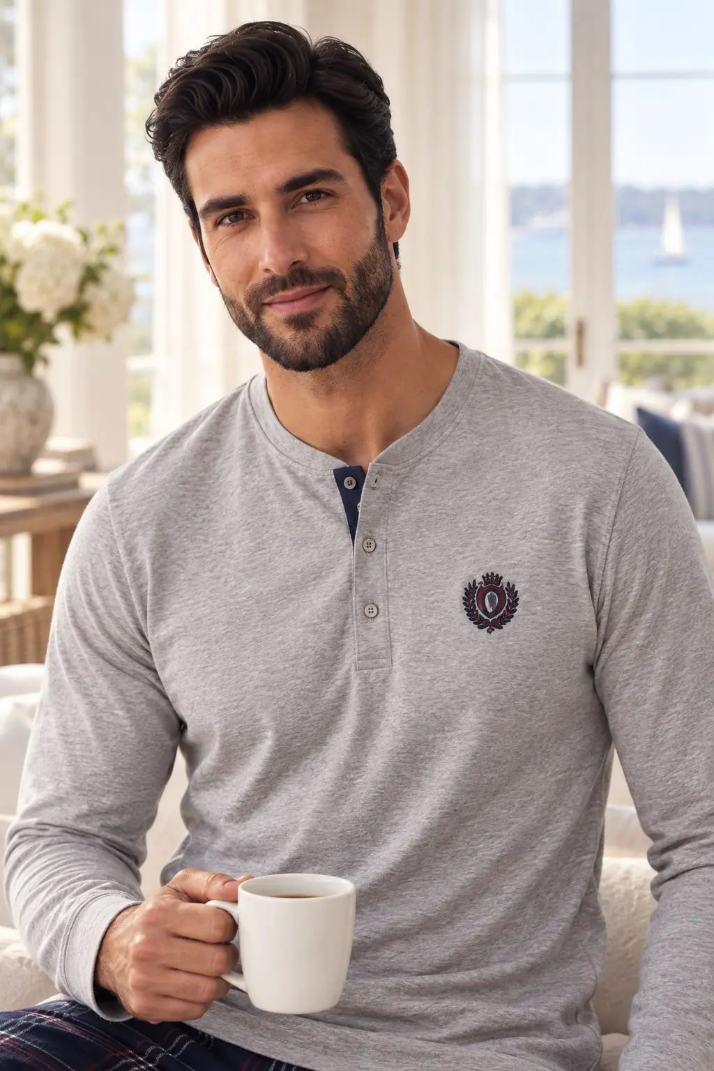 Erkek Henley Yaka Ekose Altlı Pamuklu Pijama Takımı – 3 Düğmeli Uzun Kollu, 4 Renk — görsel 2