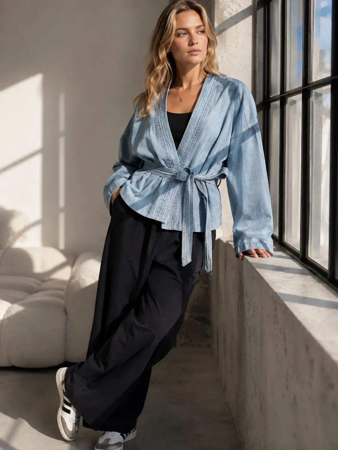 Kadın Kısa Denim Kimono Ceket - Bel Kuşaklı Kimono Yaka Kot Ceket %100 Pamuk — görsel 5