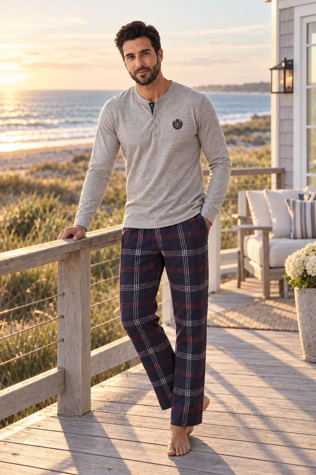 Erkek Henley Yaka Ekose Altlı Pamuklu Pijama Takımı – 3 Düğmeli Uzun Kollu, 4 Renk — görsel 6