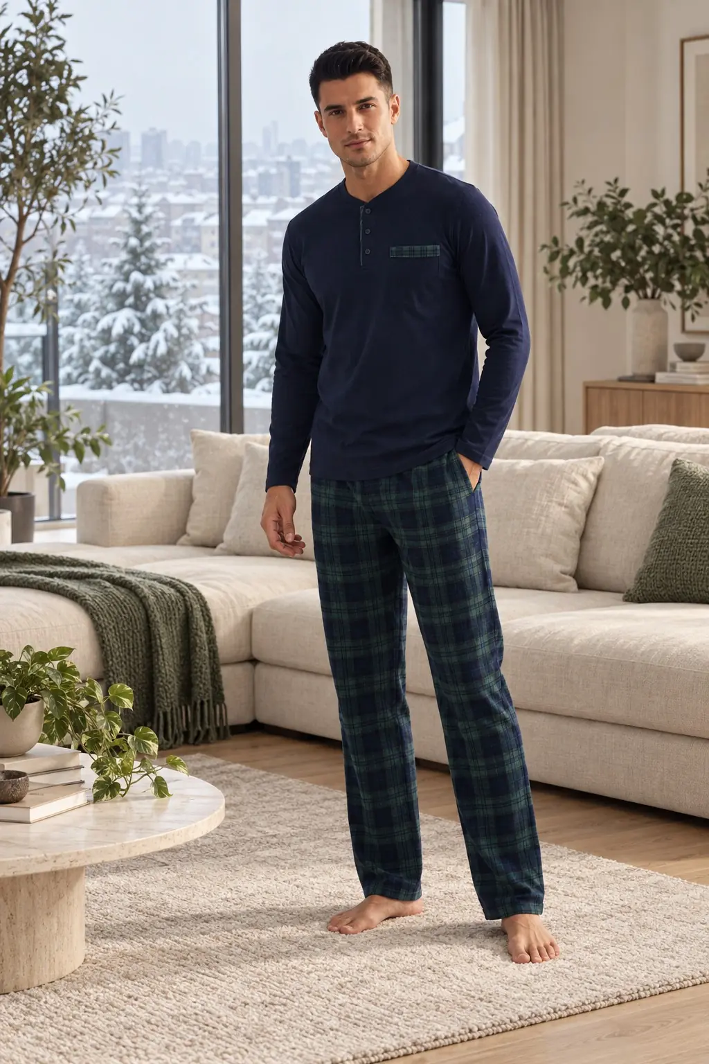 Erkek Henley Yaka Ekose Altlı Pamuklu Pijama Takımı – 3 Düğmeli Uzun Kollu, 4 Renk - yeşil ekose