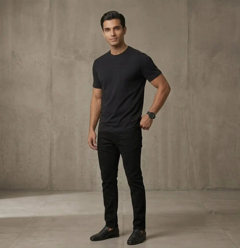 Erkek Bisiklet Yaka Double Face T-Shirt - siyah
