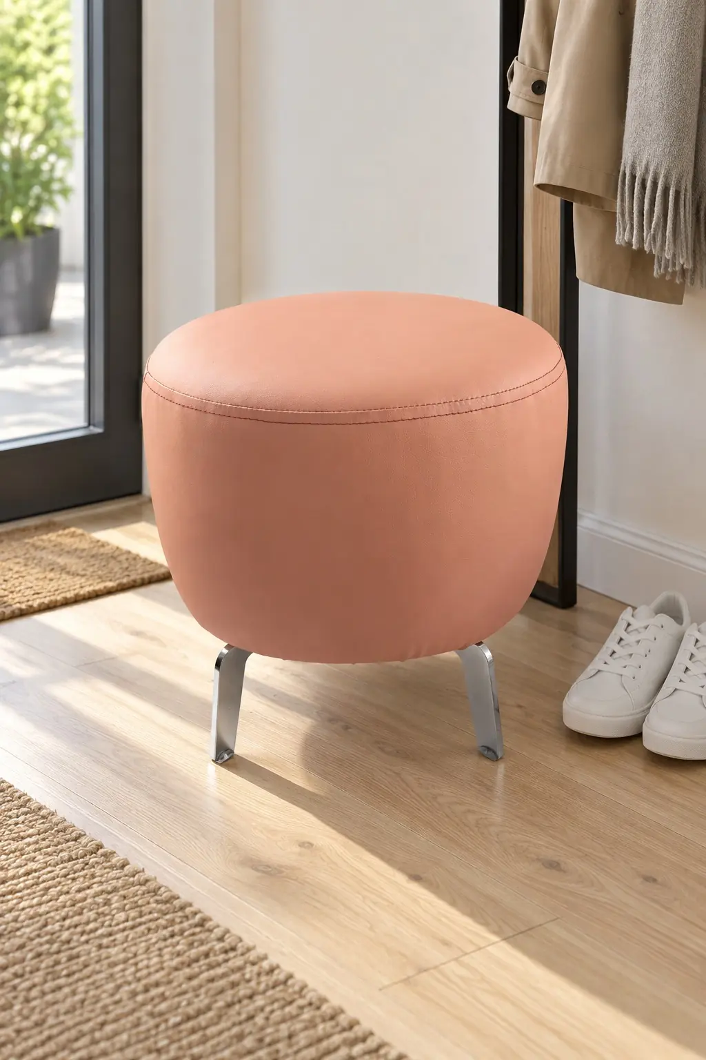 Pembe İnter Deri Yuvarlak Puf – Metal Ayaklı, 40 cm Makyaj ve Salon Pufu — görsel 7