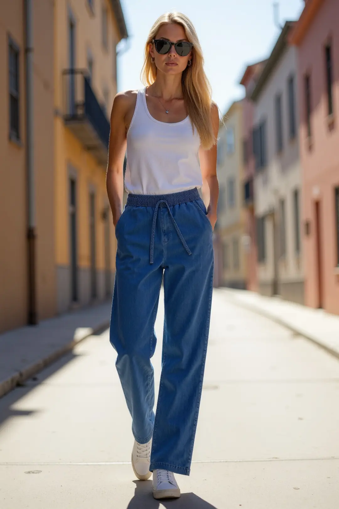 Kadın Beli Lastikli Normal Bel Wide Leg Jeans - mavi