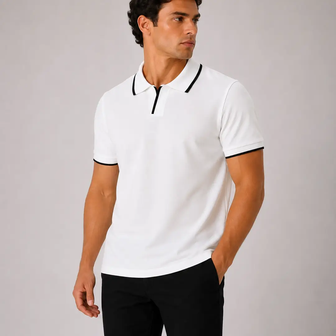 Erkek Polo Yaka Şerit Detaylı Tişört - beyaz
