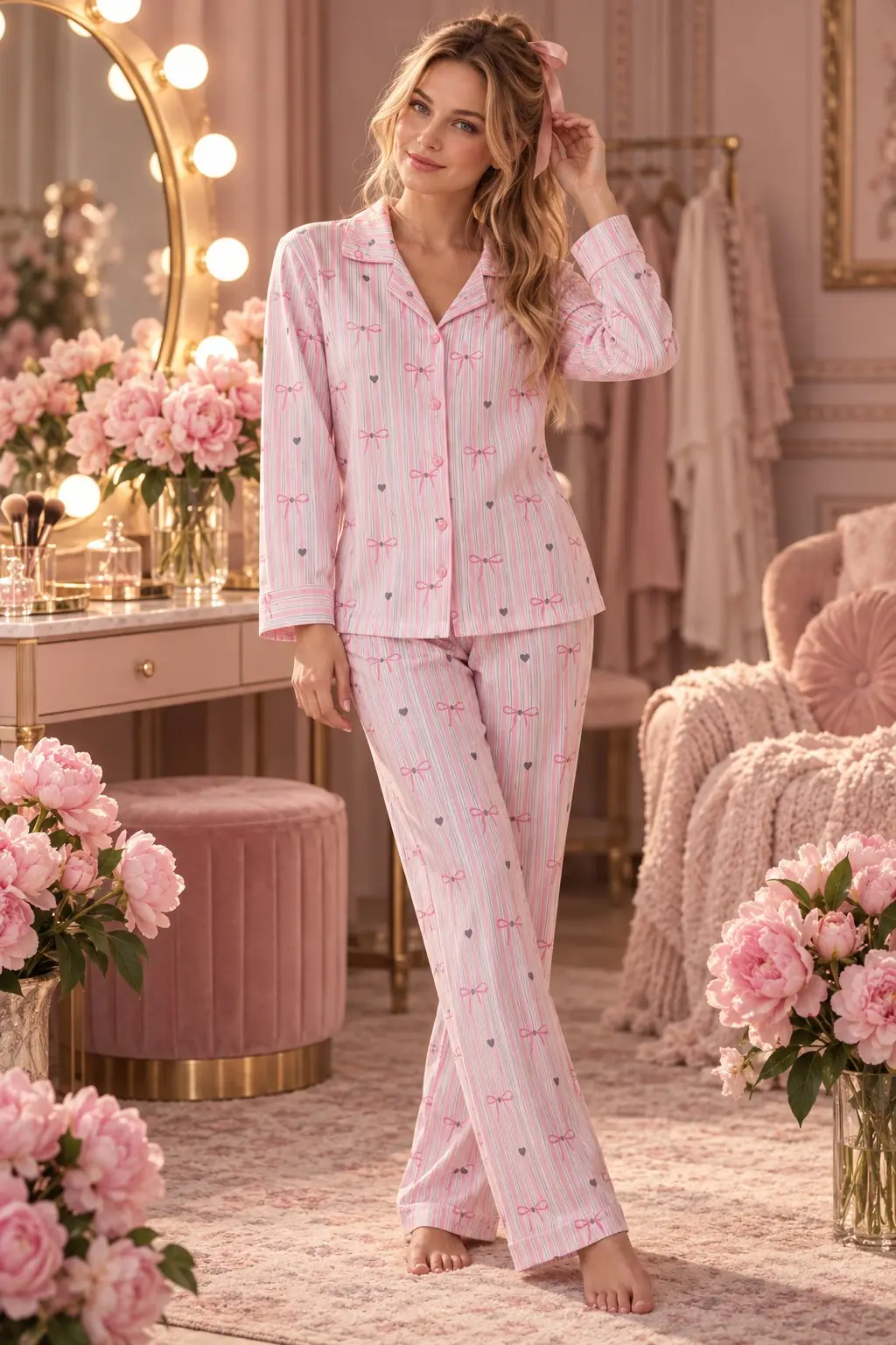 Kadın Süet Pijama Takımı – Düğmeli Gömlek Yaka Uzun Kollu - pembe