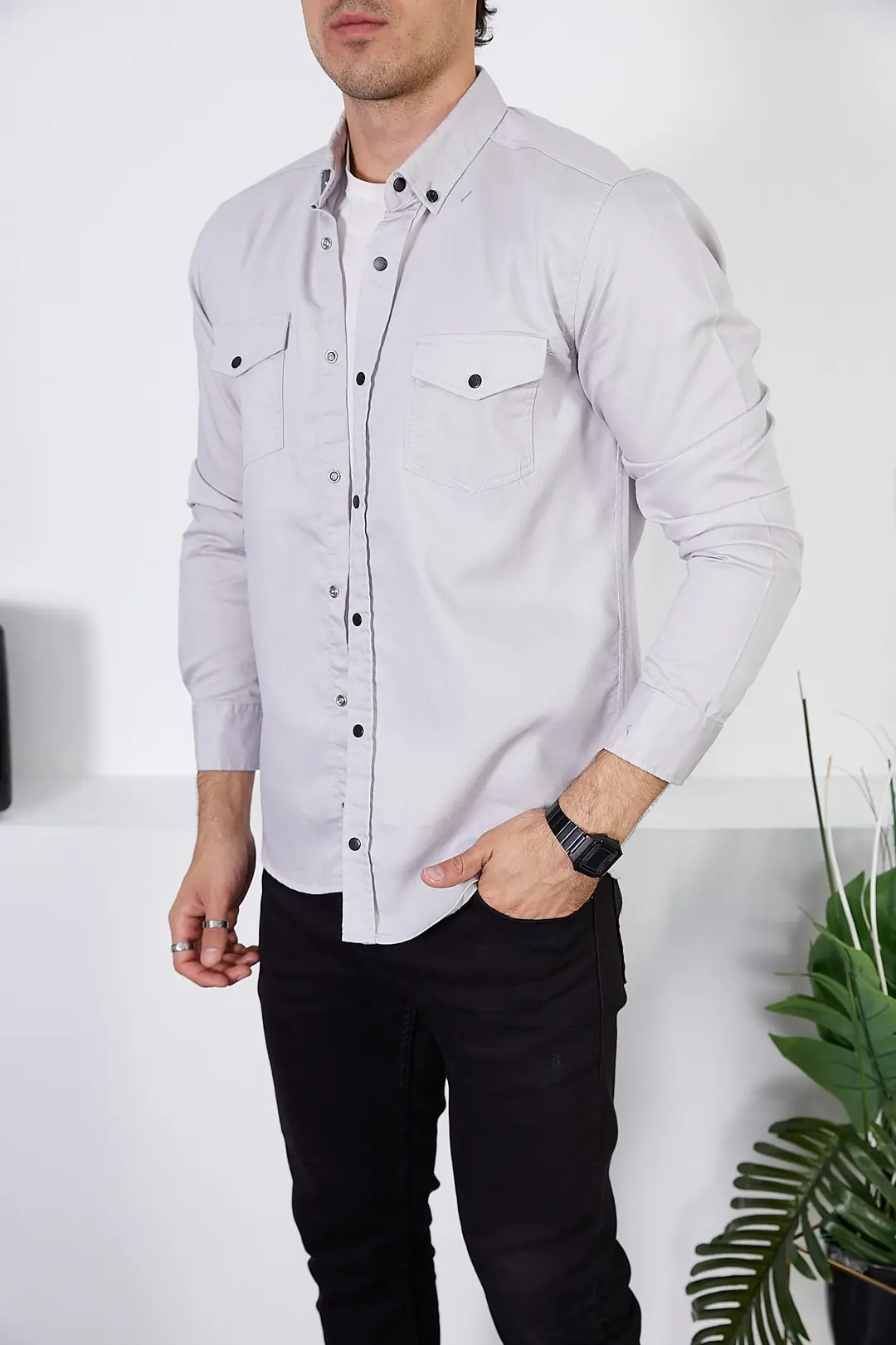 Erkek Slim Fit Kot Gömlek — görsel 2