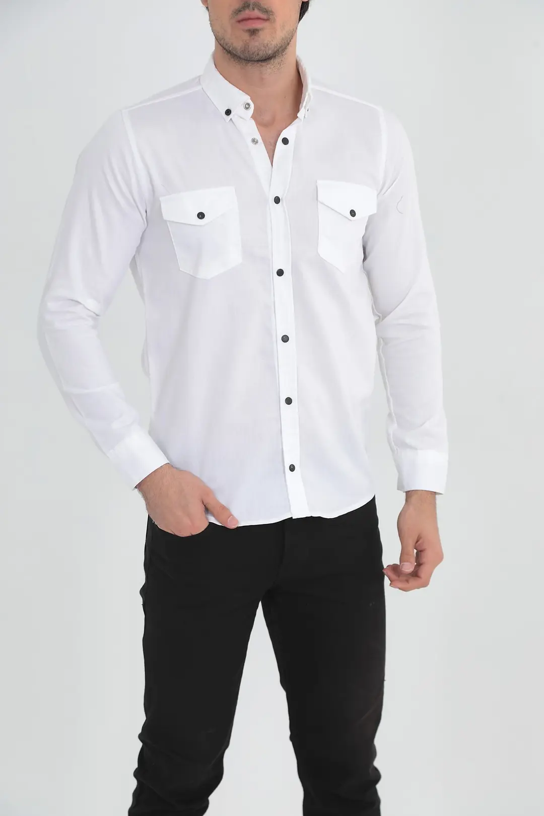 Erkek Slim Fit Beyaz Kot Gömlek — görsel 6