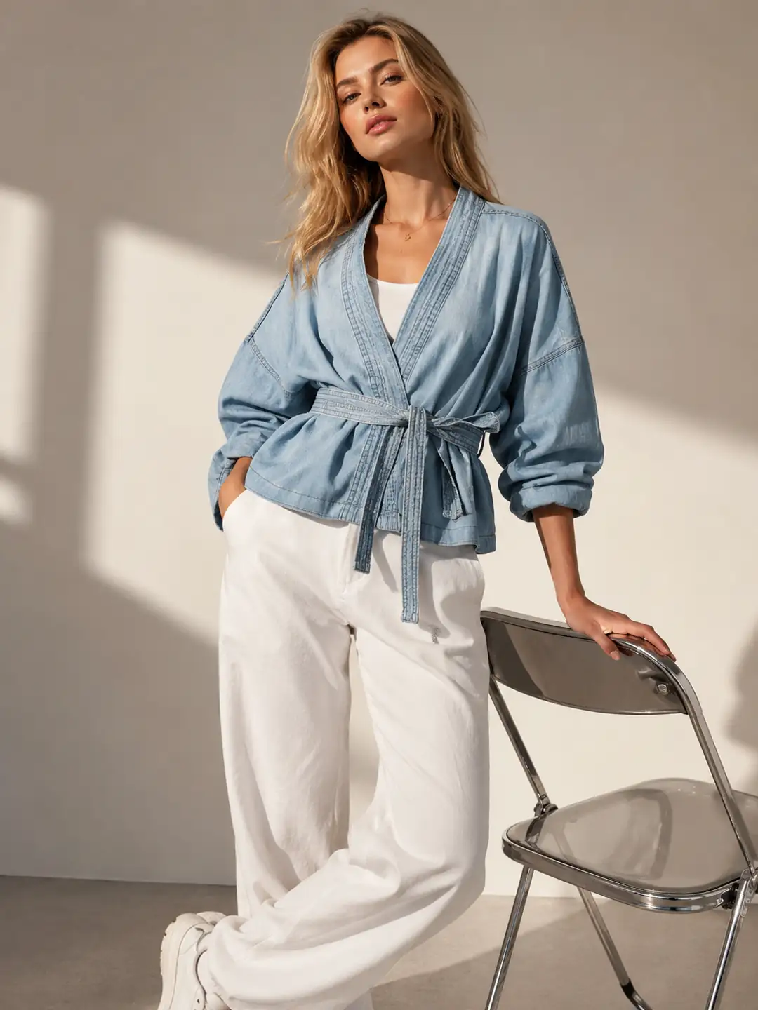 Kadın Kısa Denim Kimono Ceket - Bel Kuşaklı Kimono Yaka Kot Ceket %100 Pamuk — görsel 1