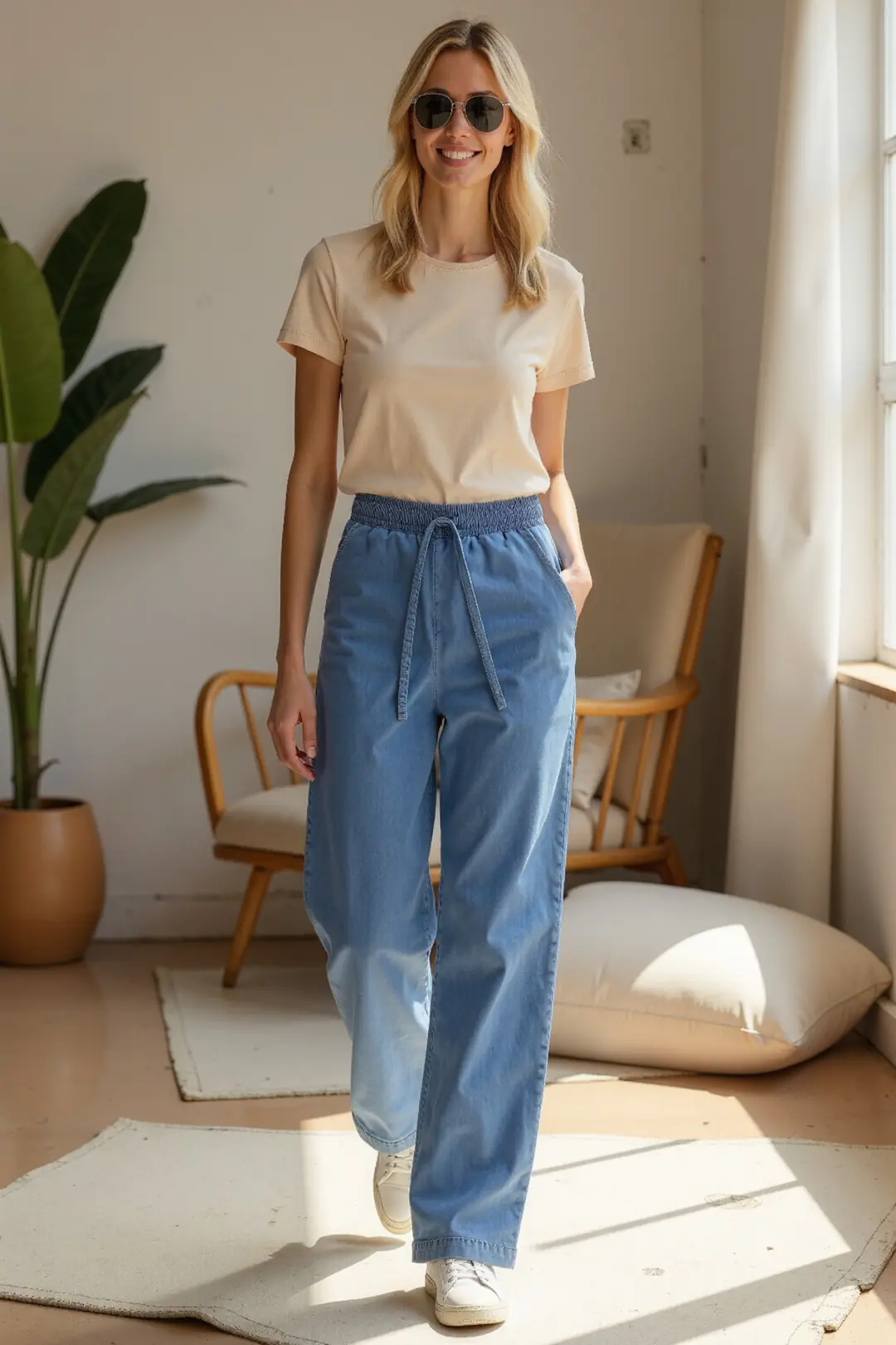Kadın Beli Lastikli Normal Bel Wide Leg Jeans — görsel 7