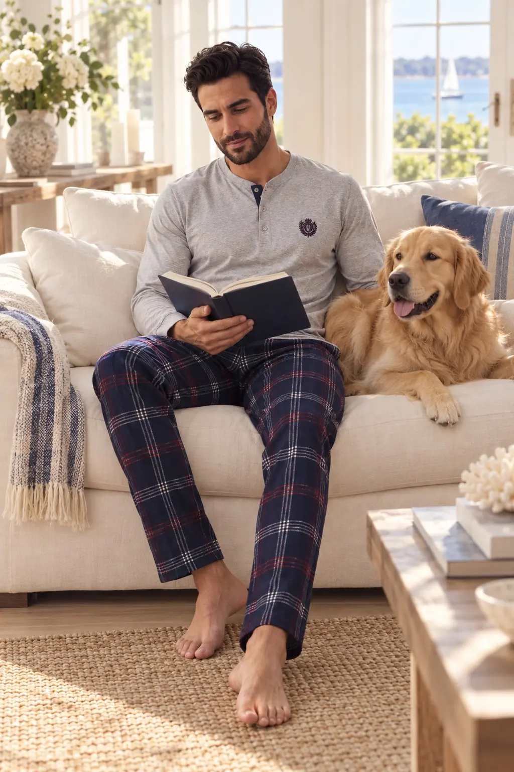 Erkek Henley Yaka Ekose Altlı Pamuklu Pijama Takımı – 3 Düğmeli Uzun Kollu, 4 Renk — görsel 5