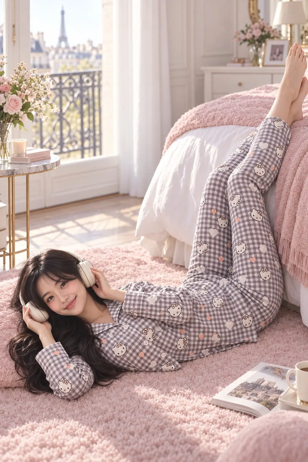 Kadın Hello Kitty Desenli Gri Pötikare Süet Pijama Takımı – Düğmeli Uzun Kollu — görsel 5