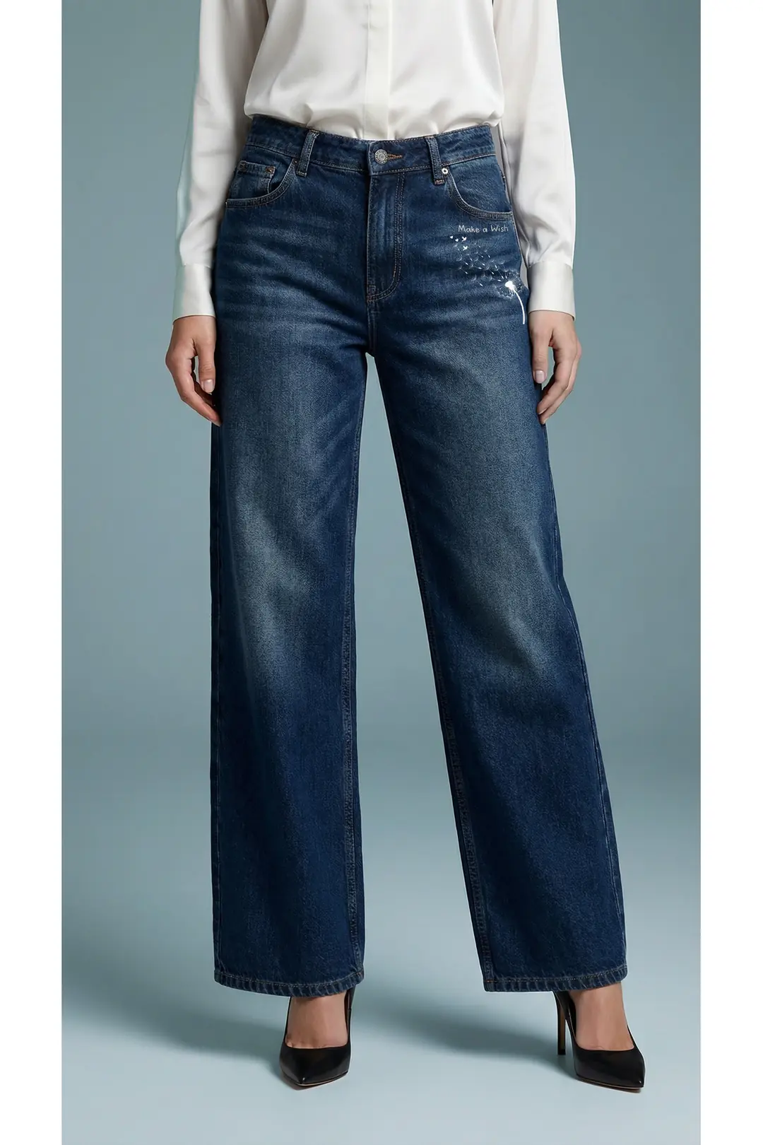 Kadın %100 Pamuk Wide Leg Baggy Jeans — görsel 3