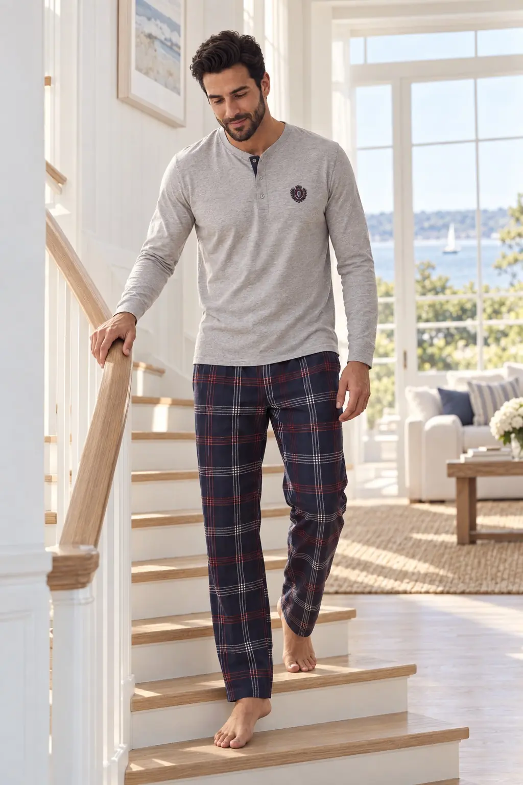 Erkek Henley Yaka Ekose Altlı Pamuklu Pijama Takımı – 3 Düğmeli Uzun Kollu, 4 Renk — görsel 4