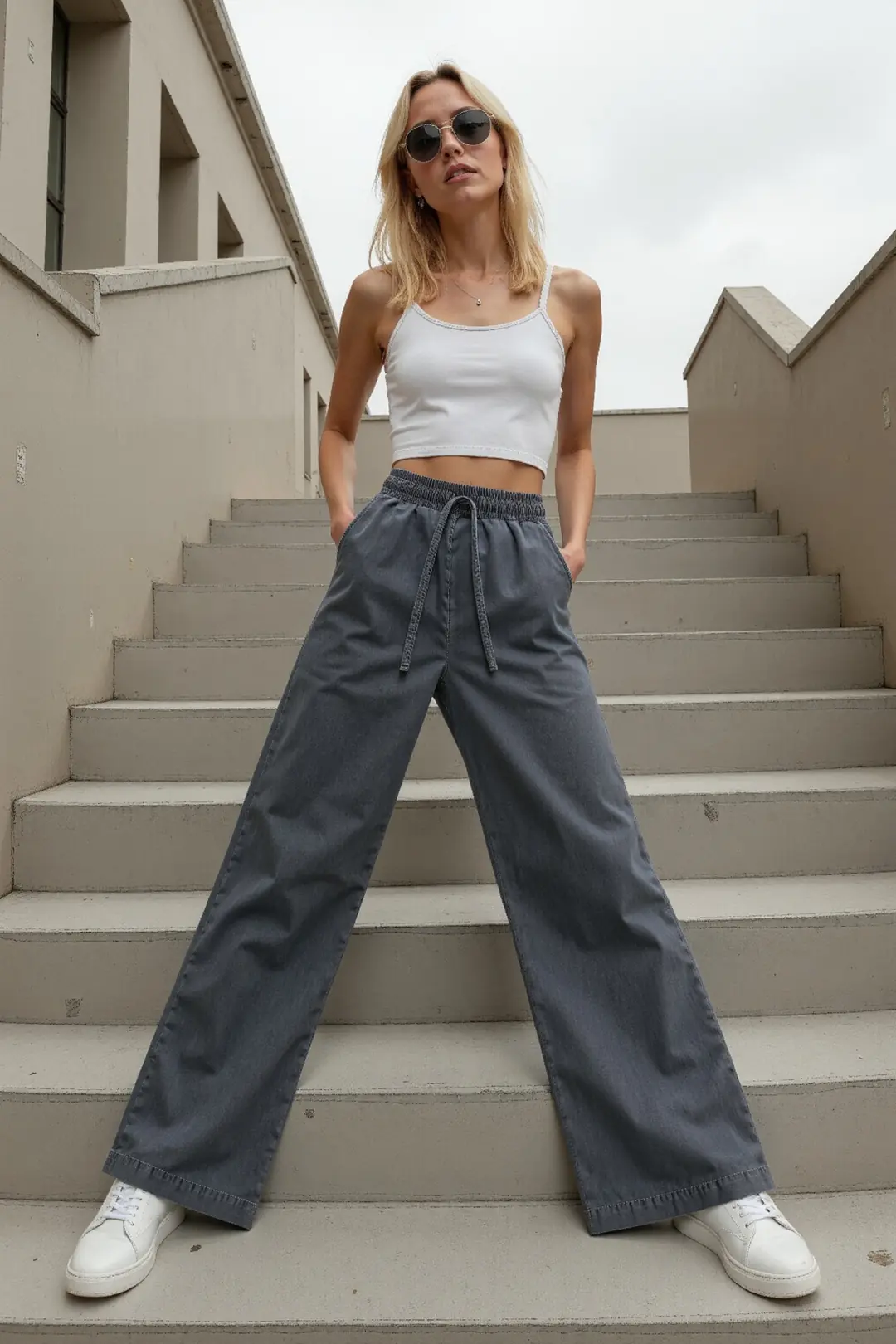 Kadın Beli Lastikli Normal Bel Wide Leg Jeans - gri