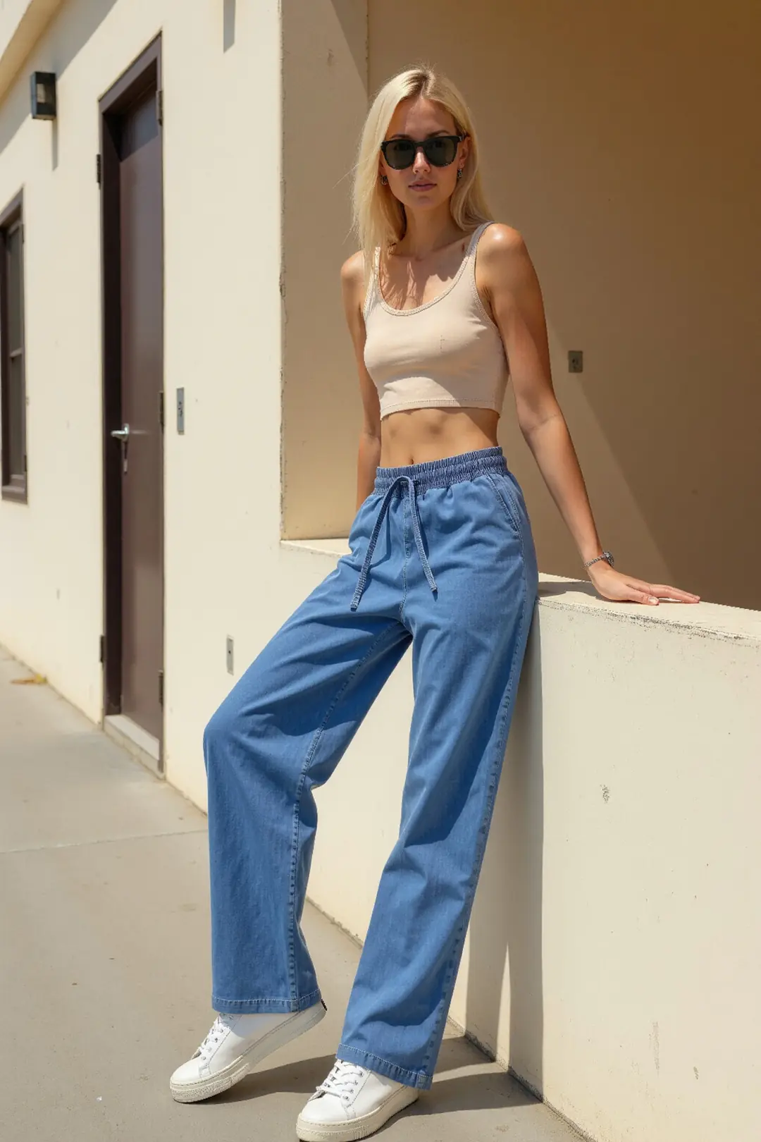 Kadın Beli Lastikli Normal Bel Wide Leg Jeans — görsel 4