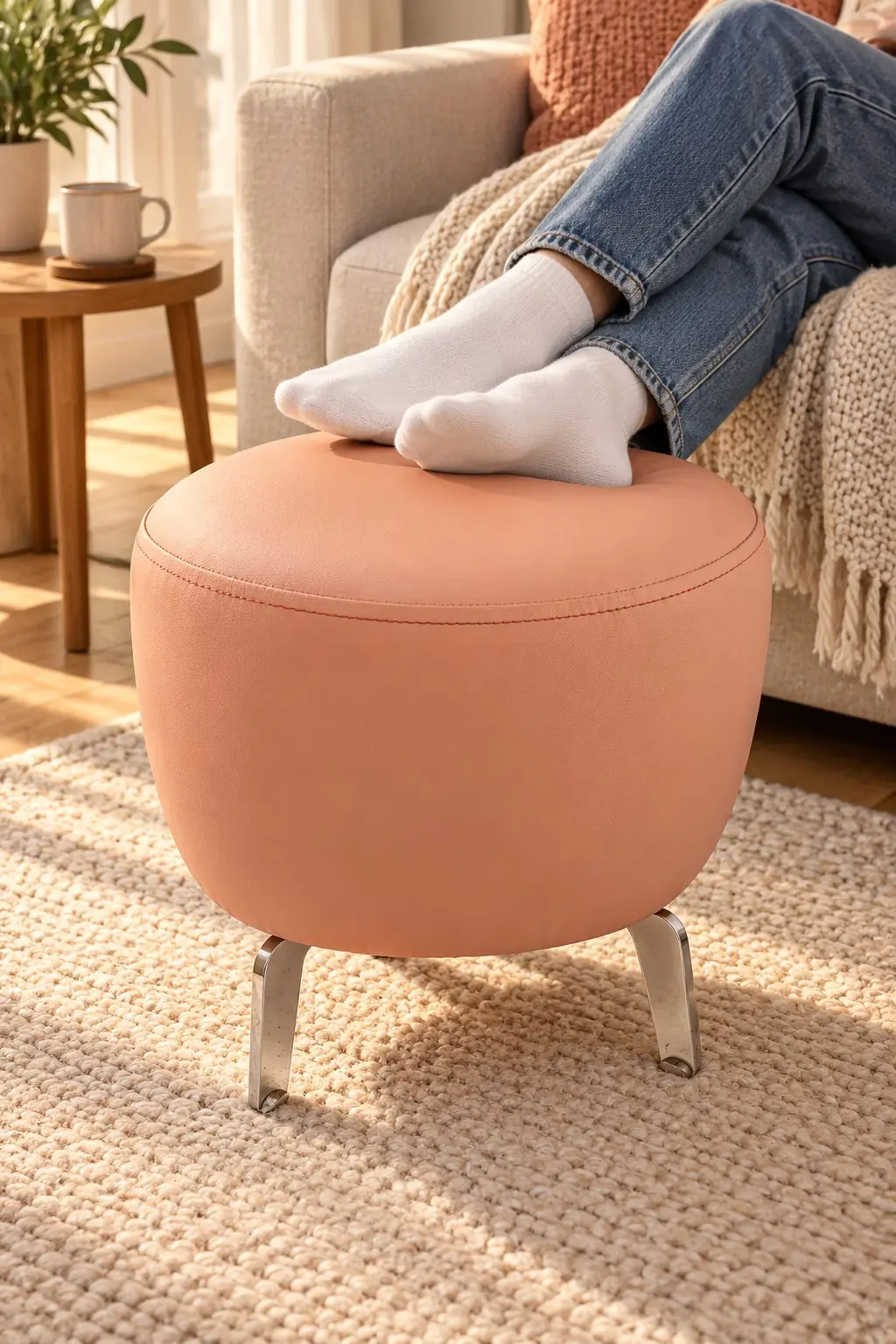 Pembe İnter Deri Yuvarlak Puf – Metal Ayaklı, 40 cm Makyaj ve Salon Pufu — görsel 8