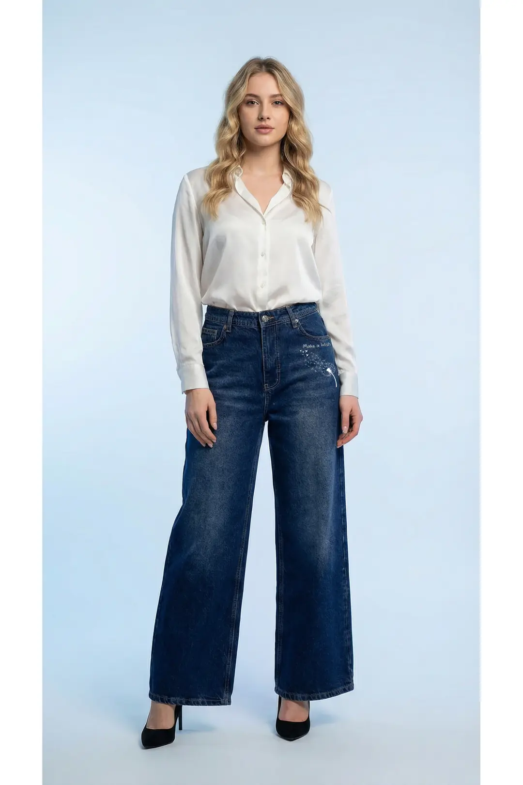 Kadın %100 Pamuk Wide Leg Baggy Jeans — görsel 1