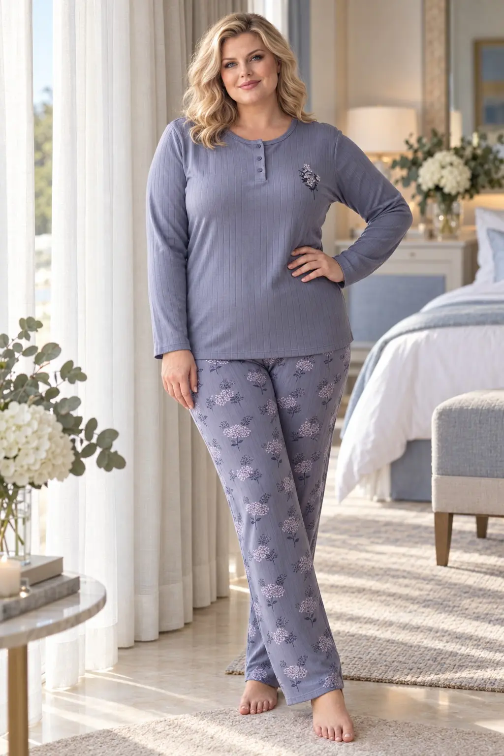 Büyük Beden Kadın Raporlu İnterlok Pijama Takımı – Nakışlı Patlı Yaka, 2XL-5XL - Lila