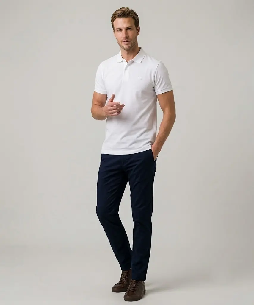 Erkek Polo Yaka Double Face T-Shirt - beyaz
