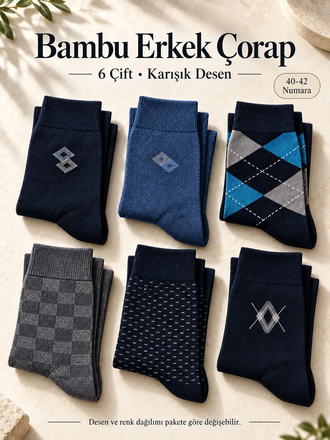 Erkek Premium Bambu Dikişsiz Soket Çorap 6'lı Karışık Desen