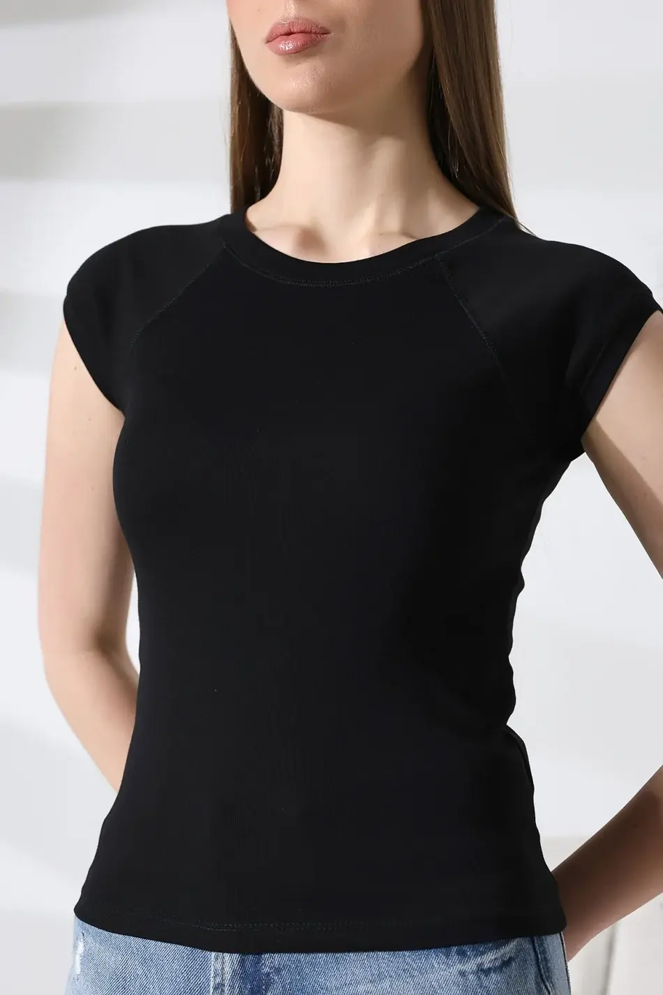 Kadın Bisiklet Yaka Tshirt - siyah