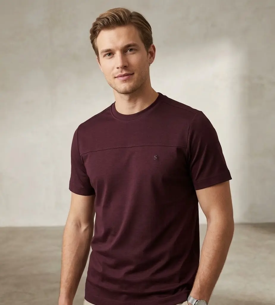 Erkek Bisiklet Yaka Double Face T-Shirt - Bordo