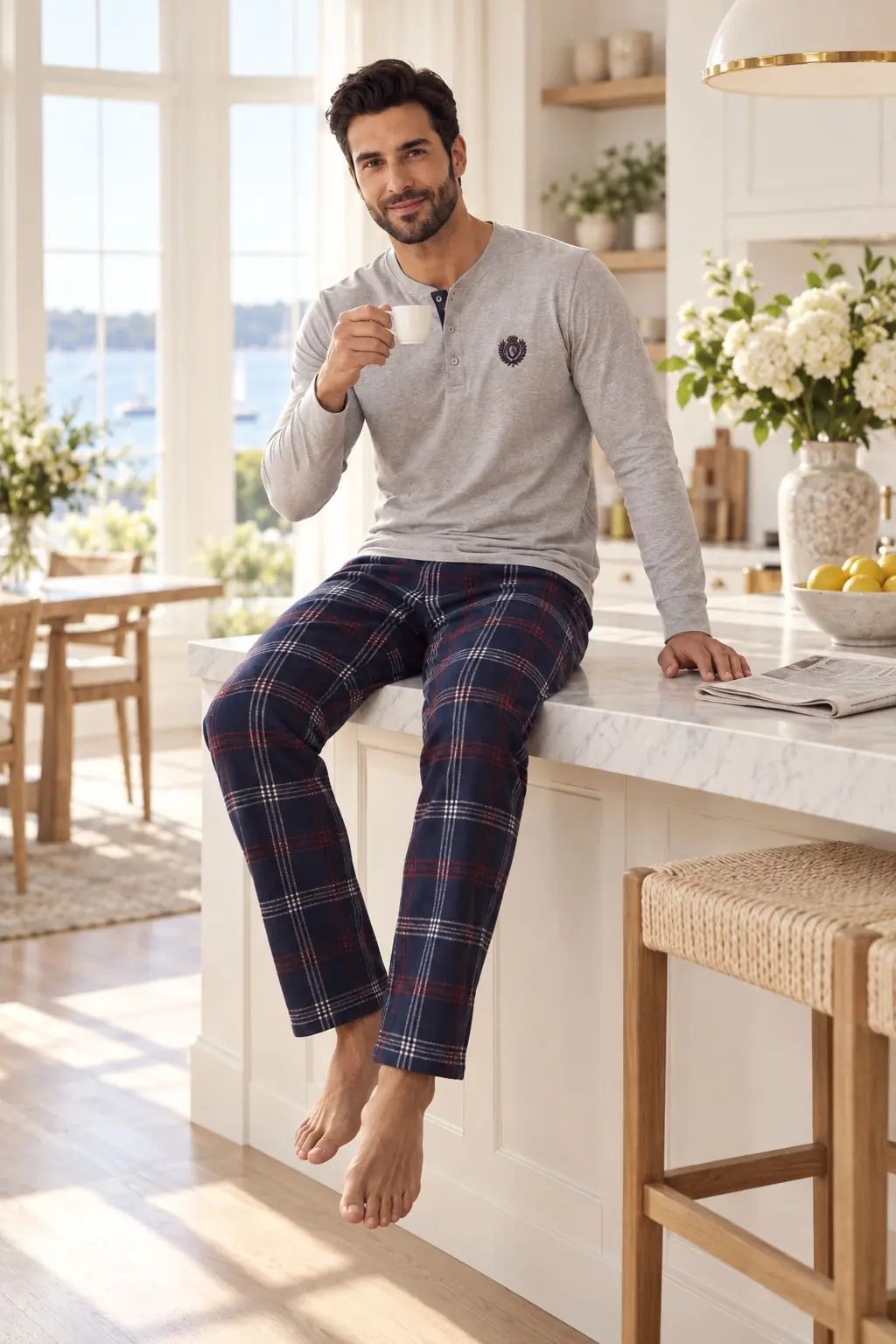 Erkek Henley Yaka Ekose Altlı Pamuklu Pijama Takımı – 3 Düğmeli Uzun Kollu, 4 Renk — görsel 3