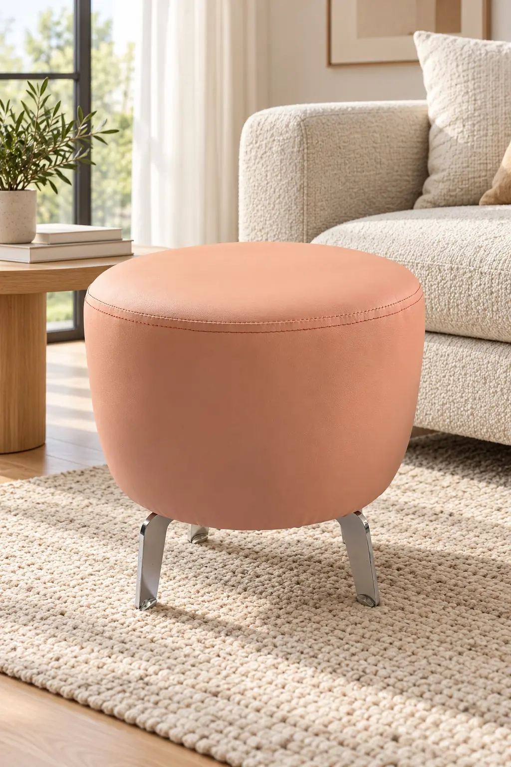 Pembe İnter Deri Yuvarlak Puf – Metal Ayaklı, 40 cm Makyaj ve Salon Pufu — görsel 5