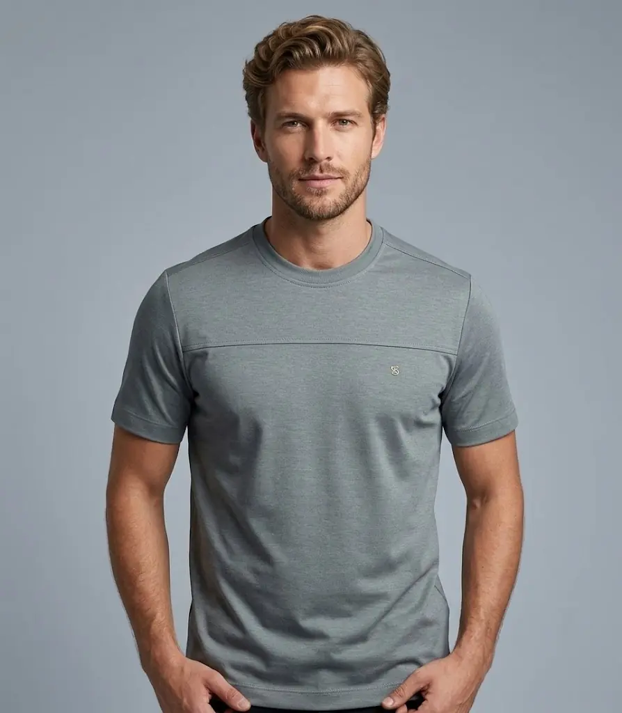 Erkek Bisiklet Yaka Double Face T-Shirt - su yeşili