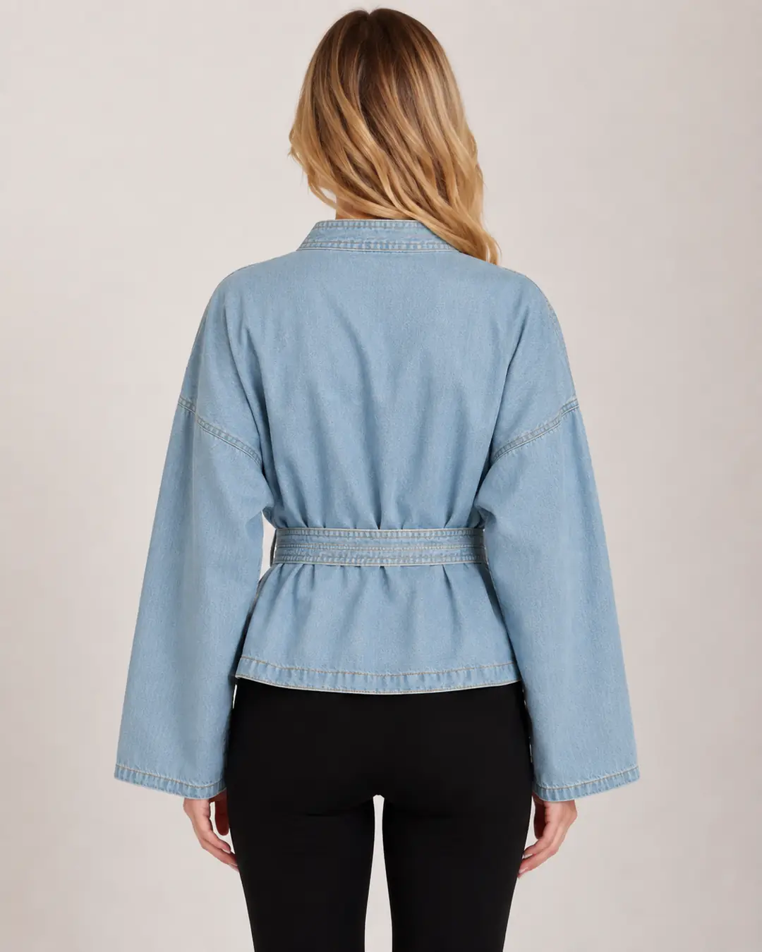 Kadın Kısa Denim Kimono Ceket - Bel Kuşaklı Kimono Yaka Kot Ceket %100 Pamuk — görsel 3