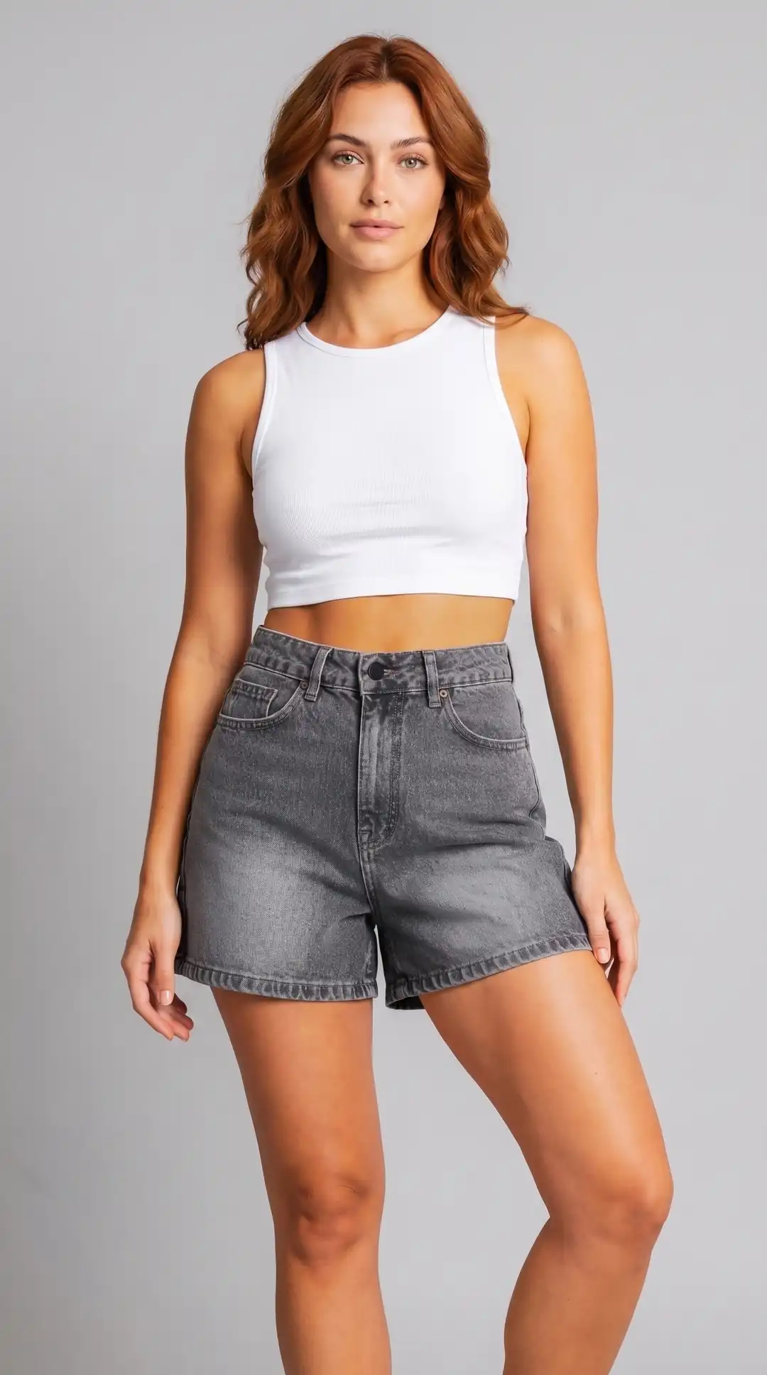 Kadın %100 Pamuk Yüksek Bel City Boy Denim Şort - gri