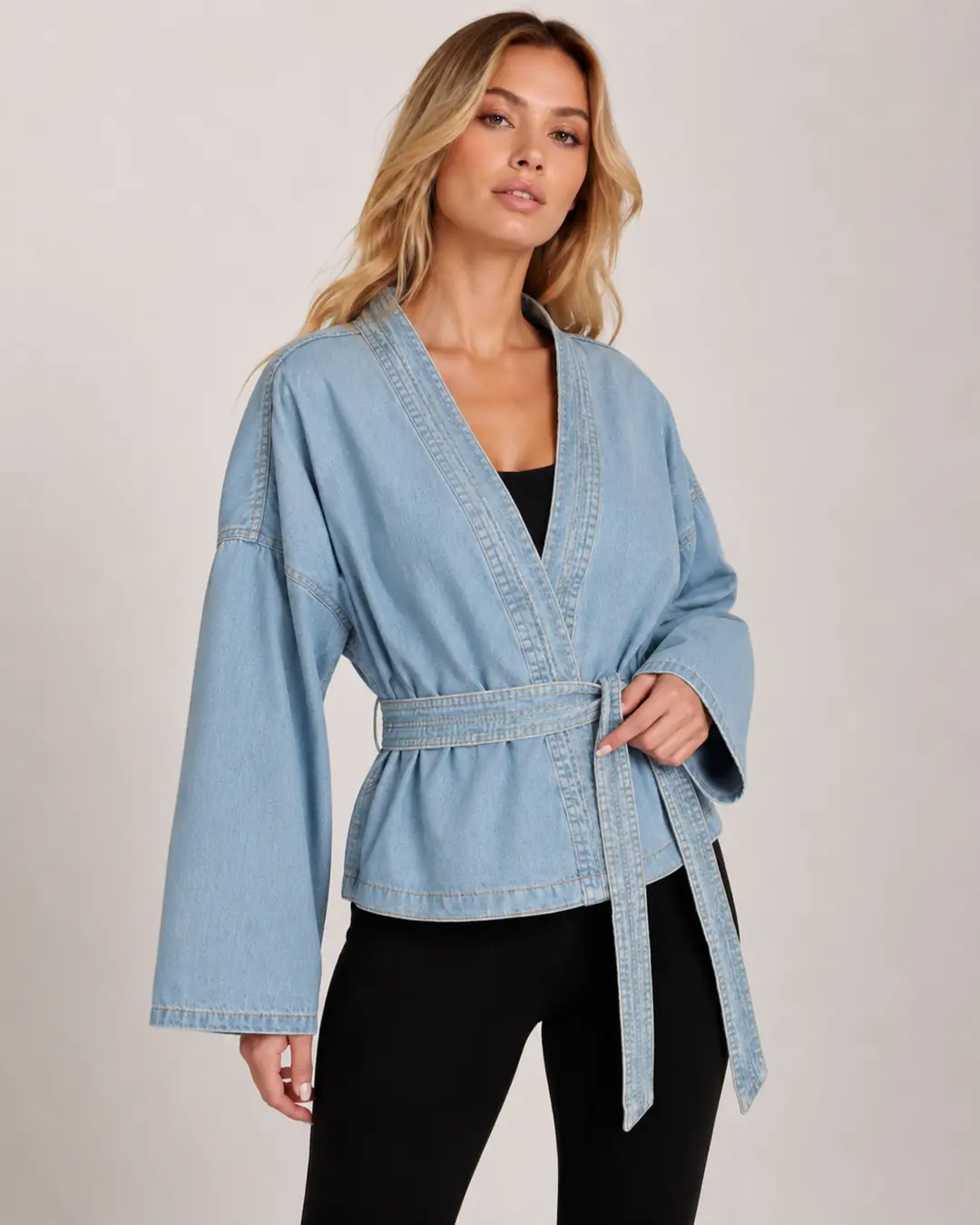 Kadın Kısa Denim Kimono Ceket - Bel Kuşaklı Kimono Yaka Kot Ceket %100 Pamuk — görsel 4