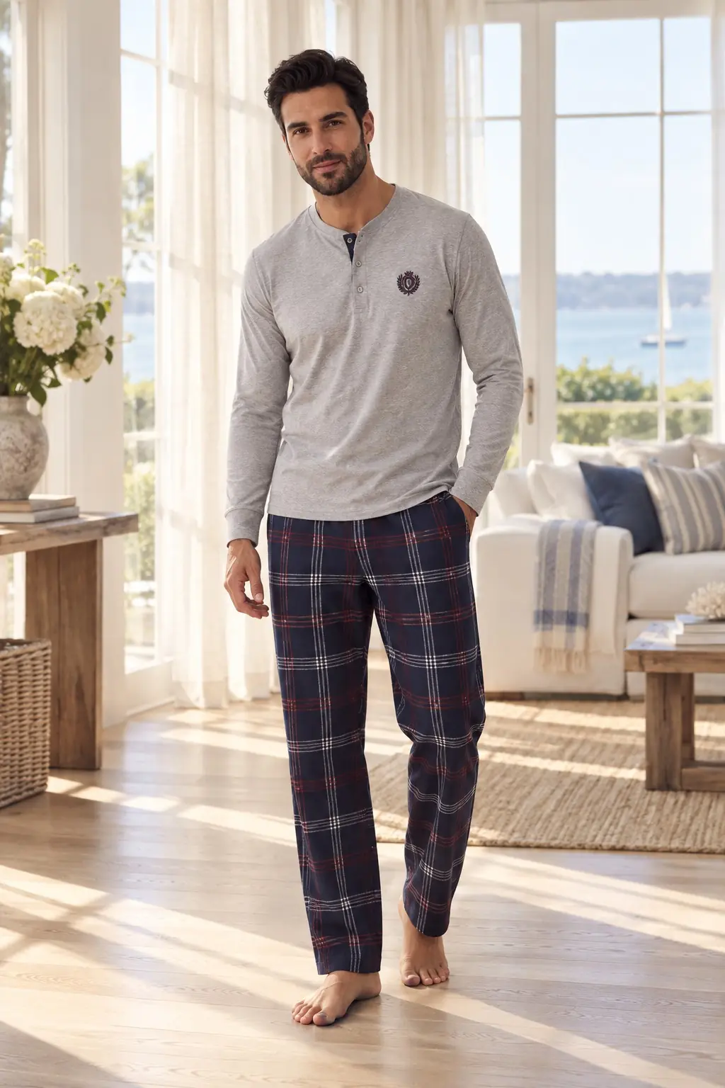 Erkek Henley Yaka Ekose Altlı Pamuklu Pijama Takımı – 3 Düğmeli Uzun Kollu, 4 Renk — görsel 1