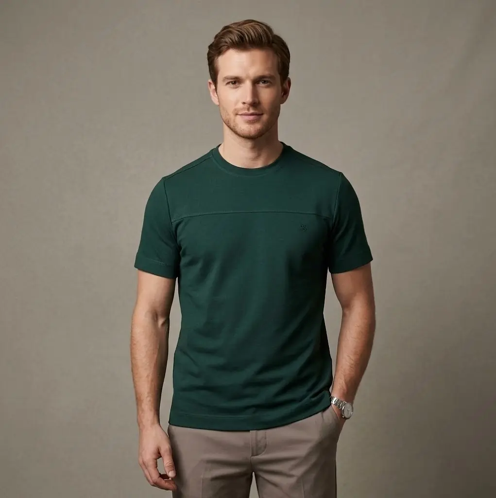 Erkek Bisiklet Yaka Double Face T-Shirt - yeşil
