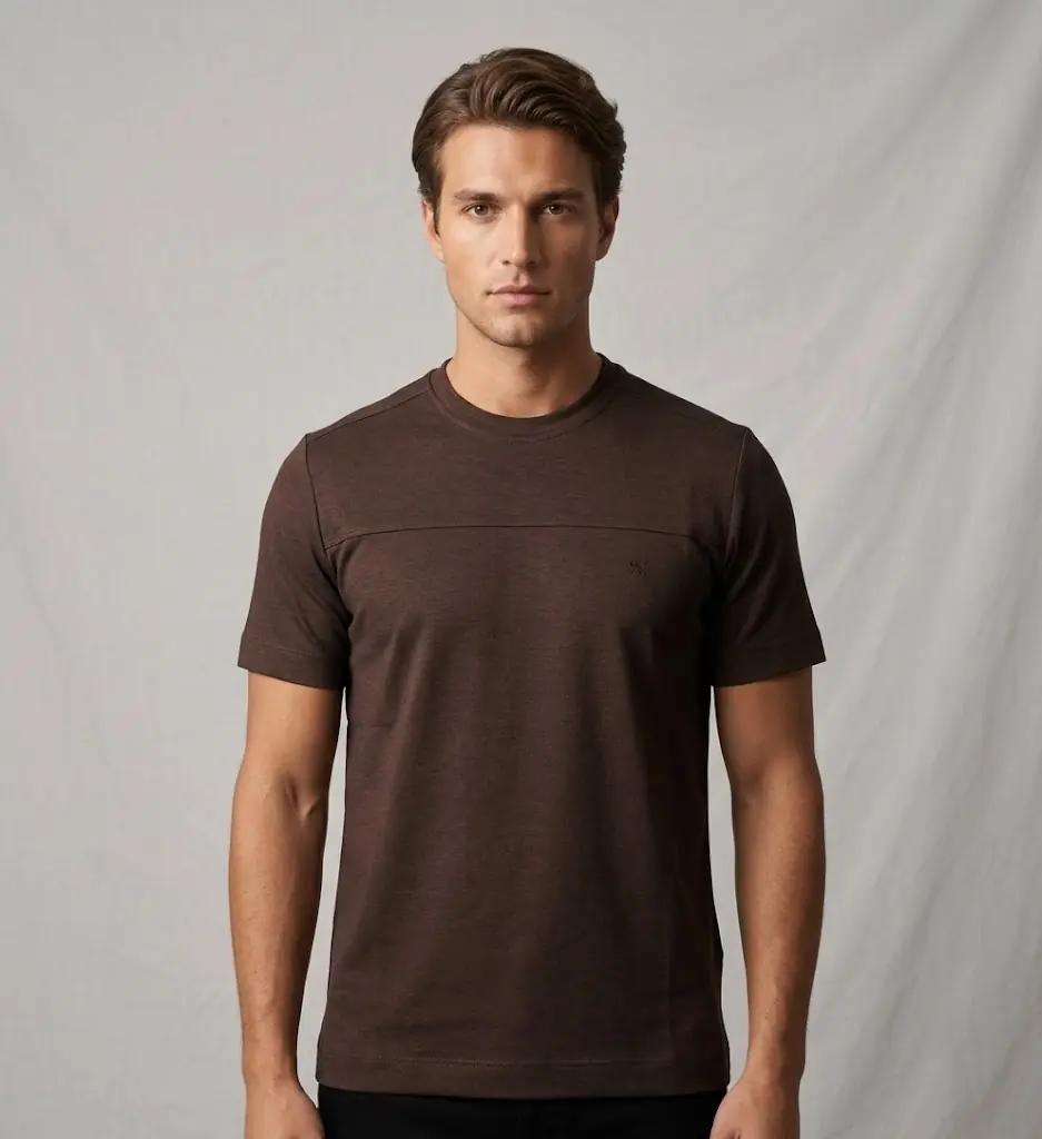 Erkek Bisiklet Yaka Double Face T-Shirt - kahverengi